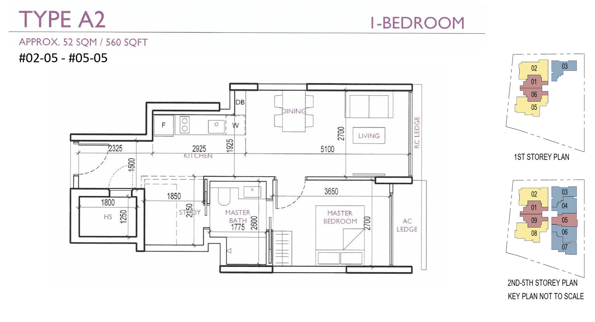 Untitl2 Bedrooms + Study: 861-893 sqft (80-83 sqm) Stack 03 & 06, Type A1-P / A1ed