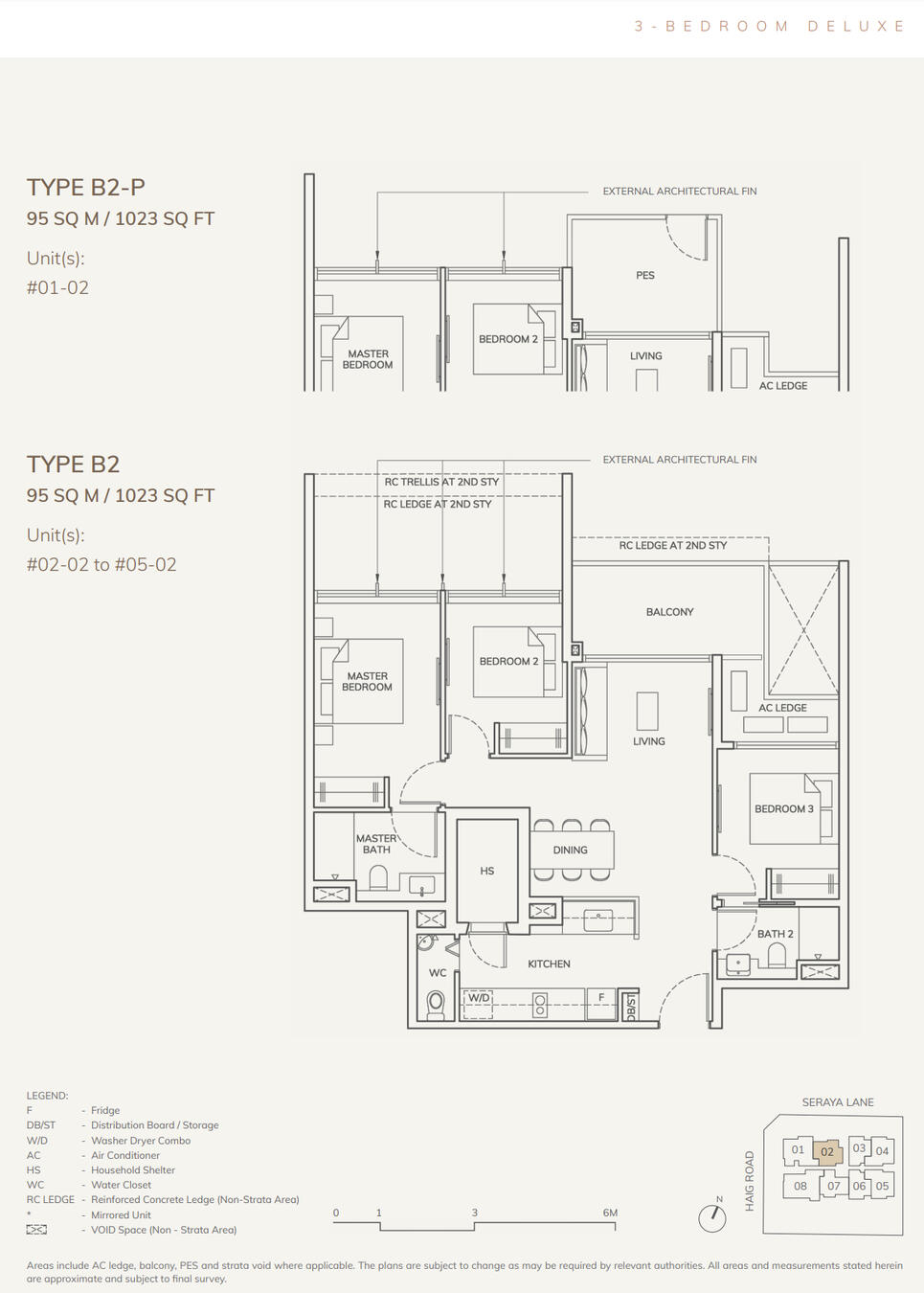3 Bedroom Deluxe: 1023 sqft (95 sqm) Stack 02, Type B2-P / B2